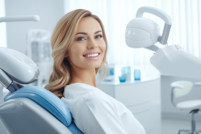 A woman smiling as she waits for an oral health screening